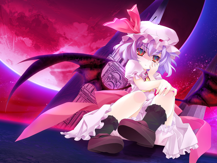 bat_wings black_legwear full_moon hat highres lavender_hair moon red_moon remilia_scarlet short_hair solo tororo touhou wallpaper wings