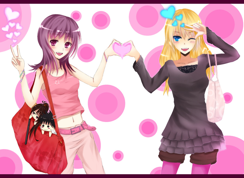 aruku bad_id bad_pixiv_id bag belt blonde_hair blue_eyes bracelet character_doll doll handbag heart itsuwa jewelry kamijou_touma kanzaki_kaori legwear_under_shorts multiple_girls one_eye_closed pantyhose pink_legwear purple_eyes purple_hair short_hair shorts smile to_aru_majutsu_no_index tsushima_(to_aru_majutsu_no_index) v