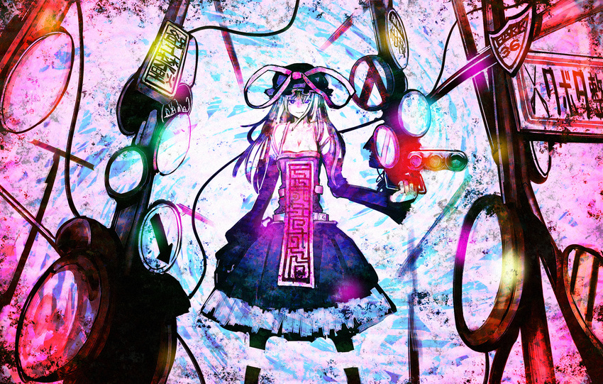 alternate_costume bare_shoulders belt breasts cleavage colorful dress glowing hat hat_ribbon long_hair medium_breasts organ_derwald purple_eyes ribbon road_sign sign solo standing touhou traffic_light yakumo_yukari