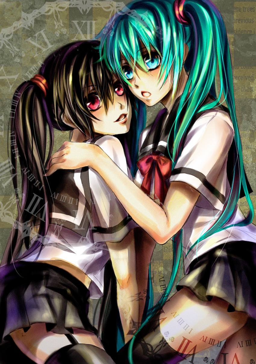 321wei absurdres alternate_color aqua_eyes aqua_hair bad_id bad_pixiv_id black_hair dual_persona garter_straps hatsune_miku highres long_hair multiple_girls red_eyes school_uniform serafuku skirt thighhighs twintails very_long_hair vocaloid zatsune_miku