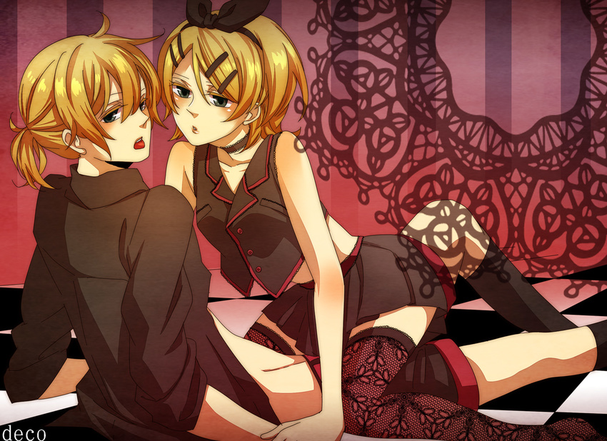 1girl aqua_eyes bad_id bad_pixiv_id blonde_hair brother_and_sister deco_(geigeki_honey) girl_on_top hair_ornament hair_ribbon hairclip kagamine_len kagamine_rin lace lace_legwear ribbon short_hair siblings skirt thighhighs twins vocaloid zettai_ryouiki