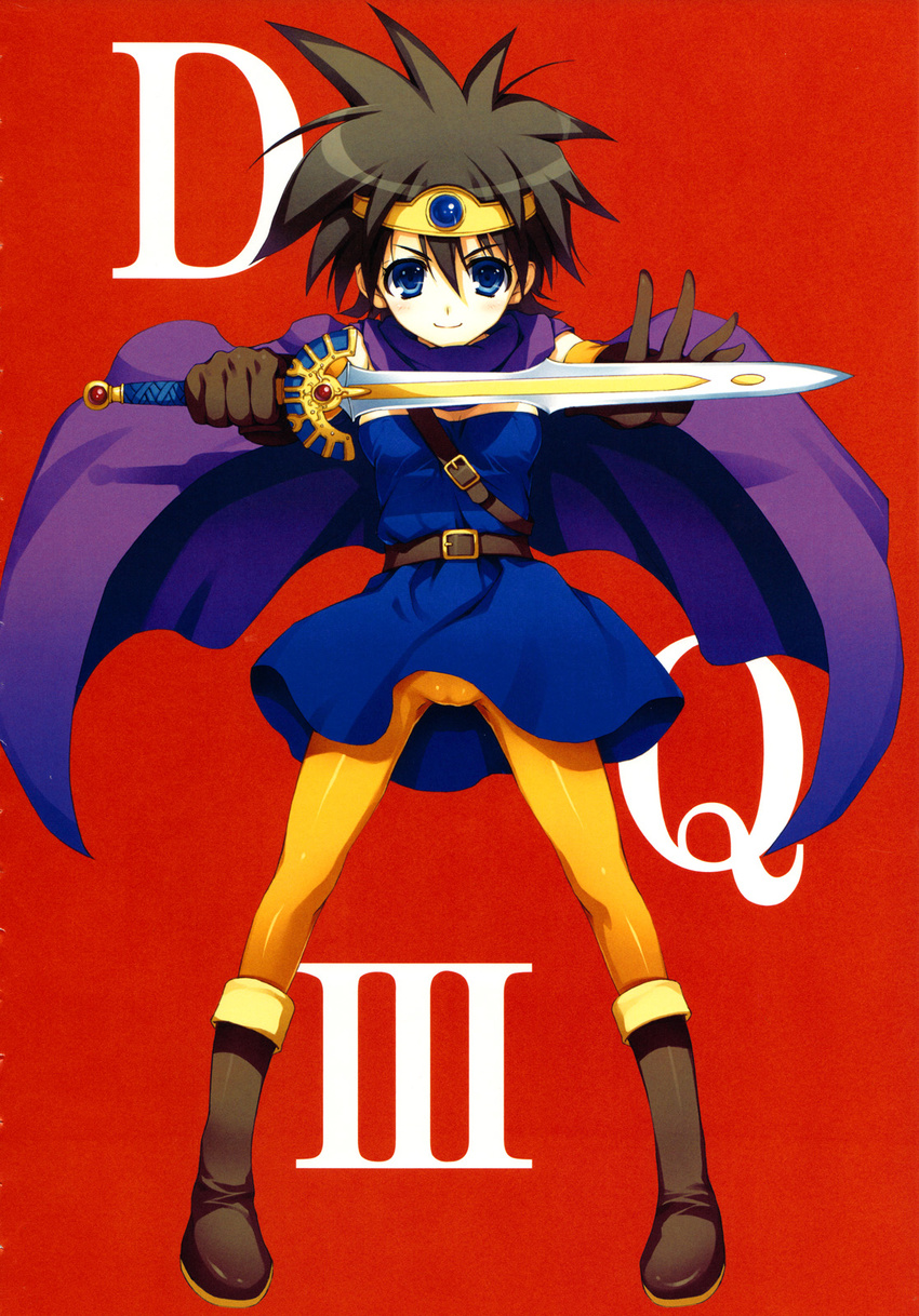 androgynous blue_eyes boots brown_hair cape circlet copyright_name dragon_quest dragon_quest_iii elbow_gloves gloves highres pantyhose red_background roto solo sword tomose_shunsaku weapon yellow_legwear