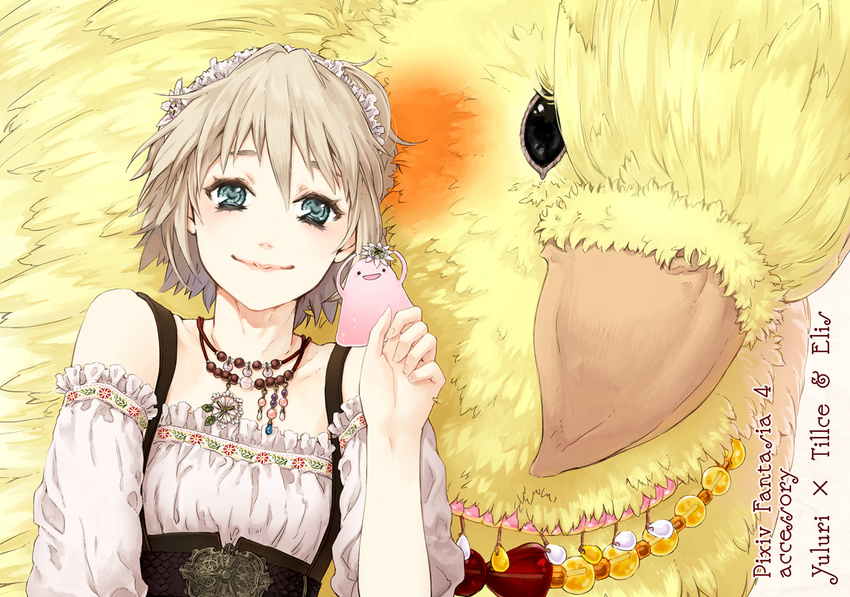 animal bare_shoulders bird blonde_hair blue_eyes dirndl dress fantasy frills german_clothes hair_ornament holding jewelry moka_(choco_liliy) necklace oversized_animal parrot pixiv_fantasia pixiv_fantasia_4 short_hair smile solo