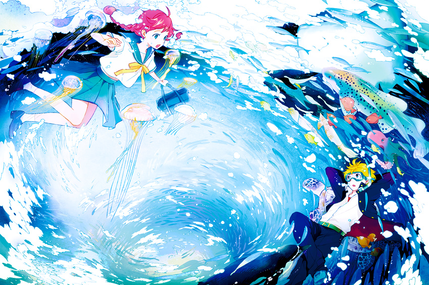 1girl ahoge ame_(conronca) bag belt bird blonde_hair blue_eyes bow braid diving_mask diving_mask_on_eyes fish goggles jellyfish manta_ray octopus original penguin pink_hair school_uniform serafuku skirt snorkel squid turtle twin_braids underwater water