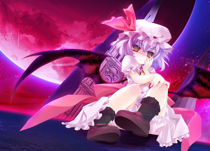 bat_wings black_legwear full_moon hat moon purple_hair red_eyes red_moon remilia_scarlet short_hair sitting solo tororo touhou wings