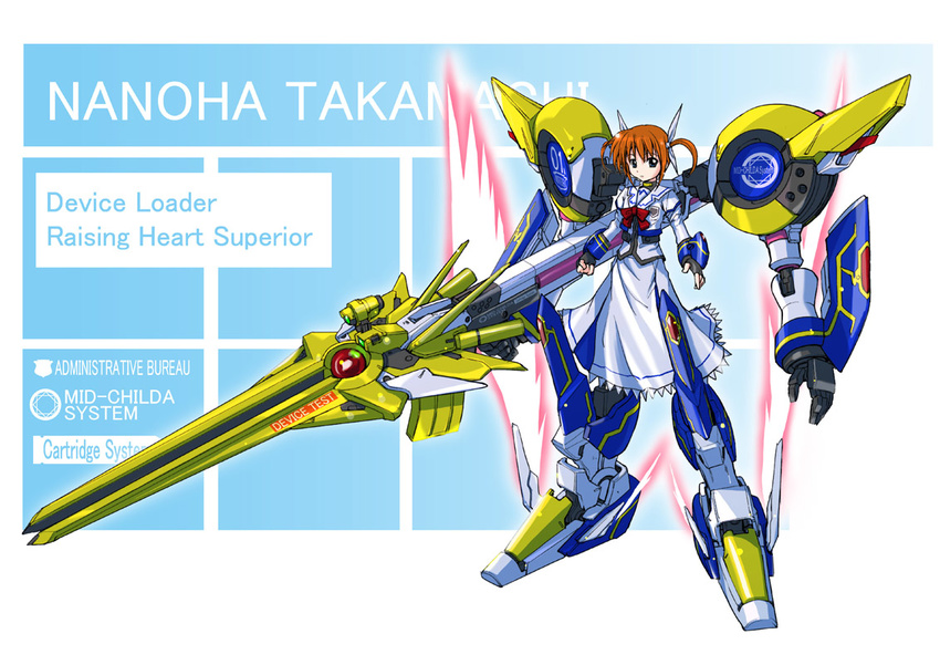 alternate_weapon blue_eyes brown_hair fingerless_gloves gloves hair_ribbon ishiguchi_juu lyrical_nanoha mahou_shoujo_lyrical_nanoha mecha_musume raising_heart ribbon solo takamachi_nanoha twintails weapon