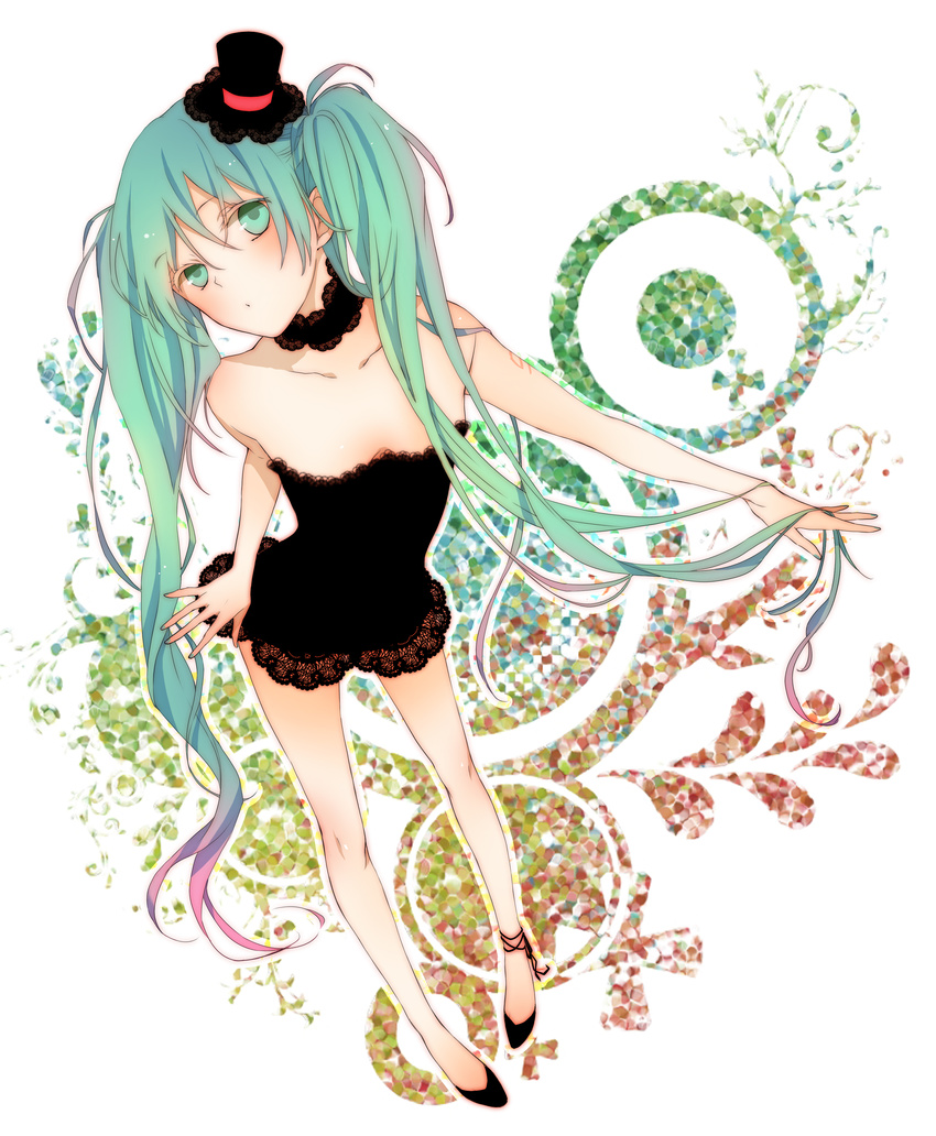 absurdres ami7 aqua_eyes aqua_hair gradient_hair hat hatsune_miku highres lace legs long_hair mini_hat mini_top_hat multicolored_hair shoes solo top_hat twintails very_long_hair vocaloid