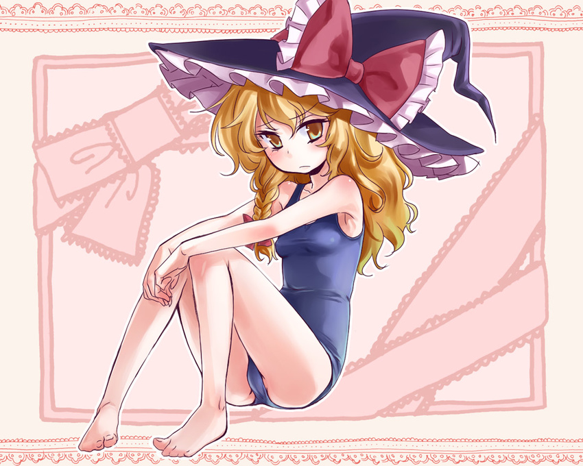 bare_legs bare_shoulders barefoot blonde_hair blush braid feet frown full_body hands hat hat_ribbon kirisame_marisa long_hair matilda one-piece_swimsuit ribbon school_swimsuit sitting solo swimsuit touhou witch_hat yellow_eyes