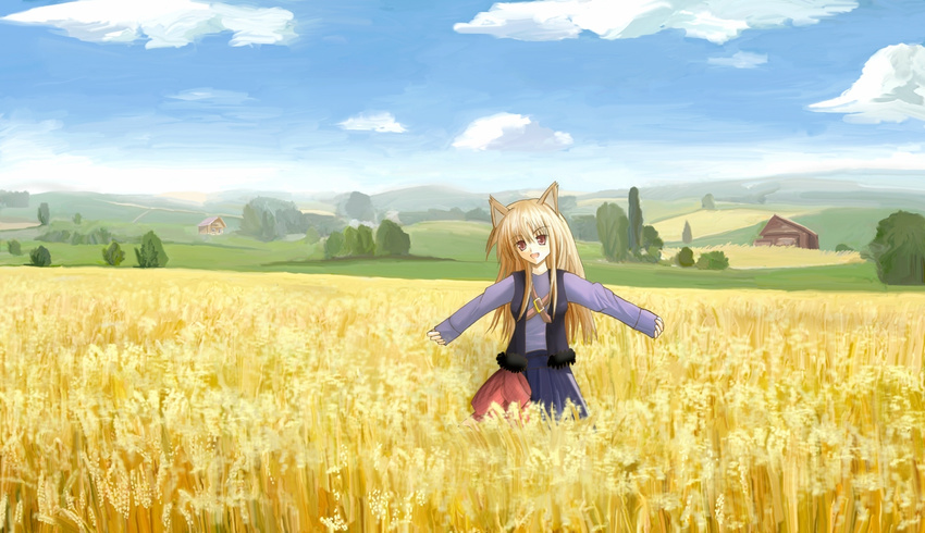 animal_ears brown_hair cloud day field holo long_hair red_eyes scenery sky solo spice_and_wolf teke_(pixiv296120) wheat wolf_ears