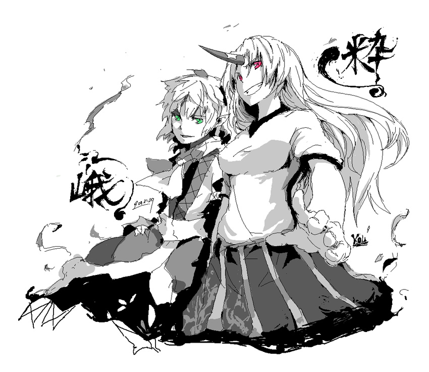 bad_id bad_pixiv_id green_eyes greyscale horn hoshiguma_yuugi ko-&gt;u ko-u mizuhashi_parsee monochrome multiple_girls oekaki red_eyes spot_color touhou