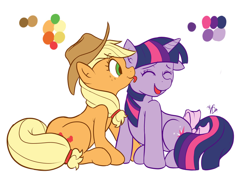 absurd_res applejack_(mlp) blonde_hair bow couple cowboy_hat cutie_mark duo equine eyes_closed female feral friendship_is_magic green_eyes hair hat hi_res horse licking mammal mrwes326 multi-colored_hair my_little_pony plain_background pony purple_hair sitting smile tongue tongue_out twilight_sparkle_(mlp) white_background