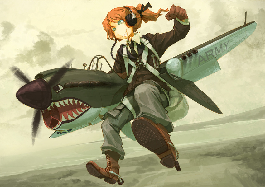 asterisk_kome boots flying gloves grin headphones jacket leather leather_jacket mecha_musume necktie original p-40_warhawk parachute ponytail red_hair short_hair smile solo wings