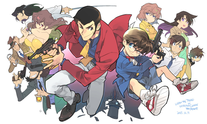 6+boys ankle_socks arsene_lupin_iii beard black_hair blazer blue_eyes blue_jacket bob_cut bow bowtie breasts brown_hair cape company_connection crossover cuffs dress edogawa_conan facial_hair fedora formal glasses grin gun haibara_ai hairy handcuffs handgun hat hattori_heiji highres ice ice_cube ishikawa_goemon_xiii jacket jewelry jigen_daisuke kaitou_kid katana knuckle_hair kuroba_kaito large_breasts liquor long_hair lupin_iii lupin_sansei_vs_meitantei_conan meitantei_conan mine_fujiko monocle mouri_ran multiple_boys multiple_girls necktie one_eye_closed pistol purple_eyes red_bow red_eyes red_jacket red_neckwear ring shoes shorts sideburns silhouette sleeveless smile sneakers sword tongue tongue_out top_hat toujou_sakana trench_coat weapon white_background yellow_neckwear zenigata_kouichi