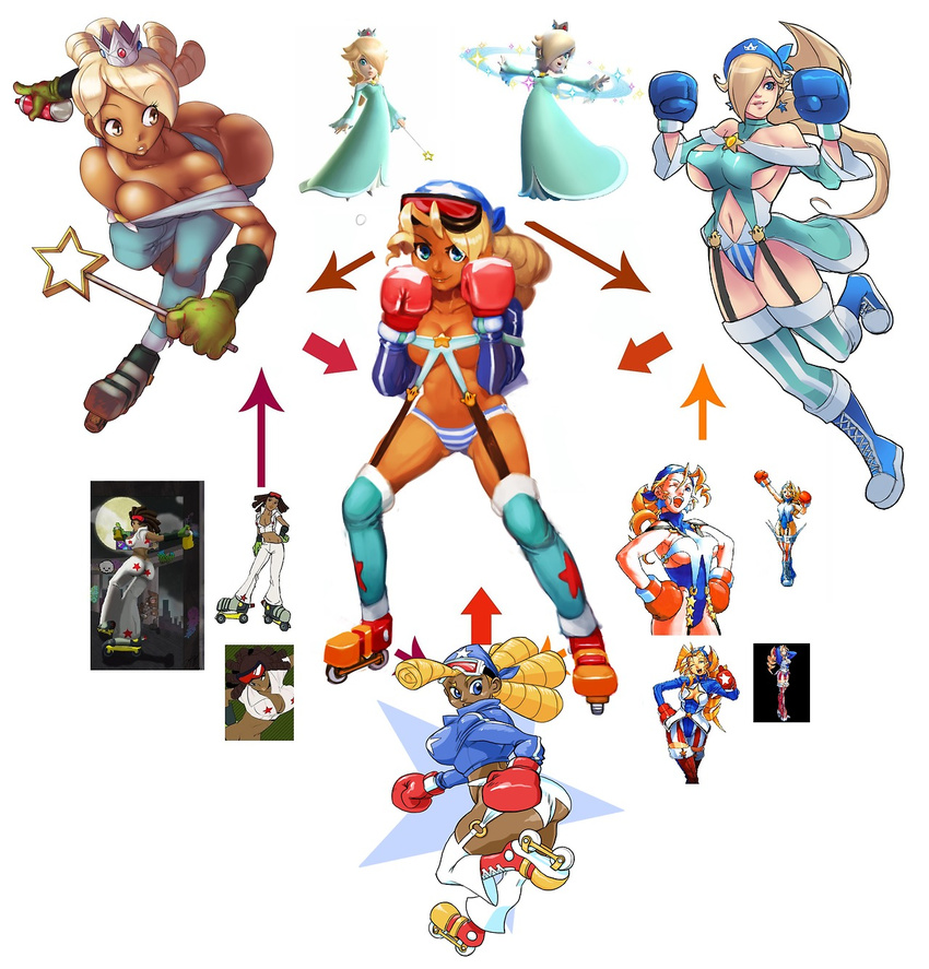 ahoge ass bandana blonde_hair blue_eyes blue_leotard blush boots boxing_gloves breasts brown_eyes chaps chimerism cleavage collaboration cross-laced_footwear crown dark_skin dimples_of_venus earrings fusion goggles goggles_on_head gonzozeppeli greenmarine hair_over_one_eye hexafusion highres inline_skates jet_set_radio jewelry justice_gakuen lace-up_boots large_breasts leotard mario_(series) mini_crown moero!_justice_gakuen multiple_girls piranha_(jsr) ringlets roller_skates rosetta_(mario) shiritsu_justice_gakuen sideboob skates spray_can star star_earrings striped super_mario_bros. super_mario_galaxy tiffany_lords vertical_stripes