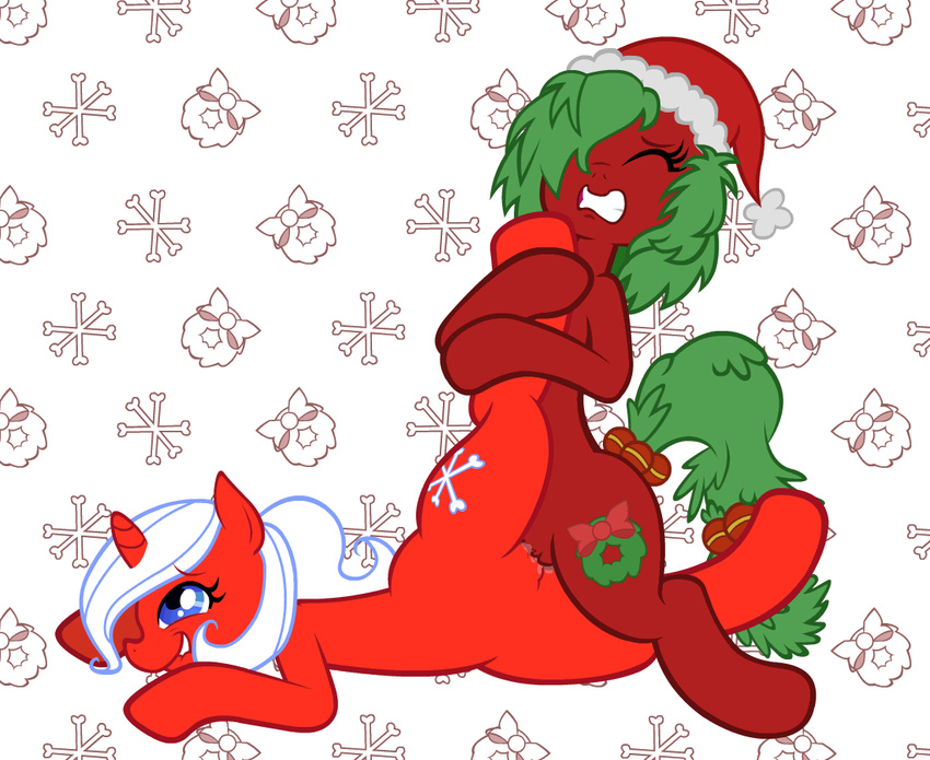 animated blue_eyes christmas duo equine eyes_closed female feral feral_on_feral friendship_is_magic fur green_hair hair hat holidays holly horn horse leg_glider_position lesbian mammal my_little_pony no_sound nude open_mouth original_character pattern_background peppermint_snowflake pony pussy pussy_juice red_fur spread_legs spreading tribadism unicorn white_hair wicked-at-heart