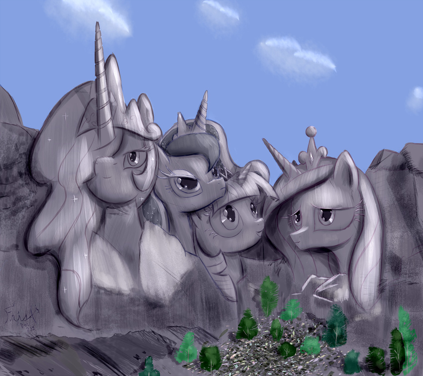crown equine female feral friendship_is_magic frist44 hair horn horse long_hair mammal mountain my_little_pony parody pony princess_cadance_(mlp) princess_celestia_(mlp) princess_luna_(mlp) royalty sculpture tree twilight_sparkle_(mlp) winged_unicorn wings