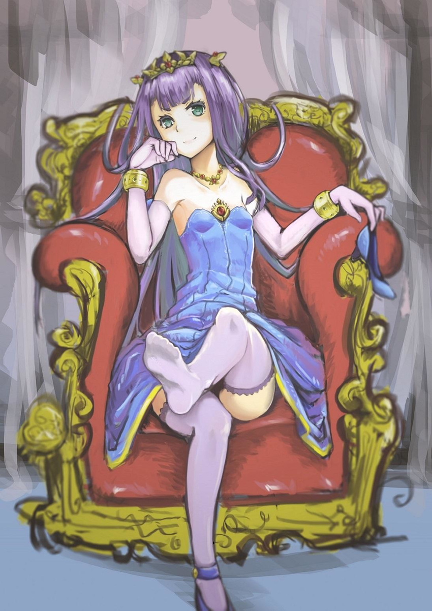 bracelet crossed_legs dong_(wandong44944) dress elbow_gloves empress feet gloves green_eyes highres holding holding_shoes jewelry leg_up long_hair looking_at_viewer necklace outbreak_company petralka_anne_eldant_iii purple_hair purple_legwear shoes single_shoe sitting smile thighhighs tiara