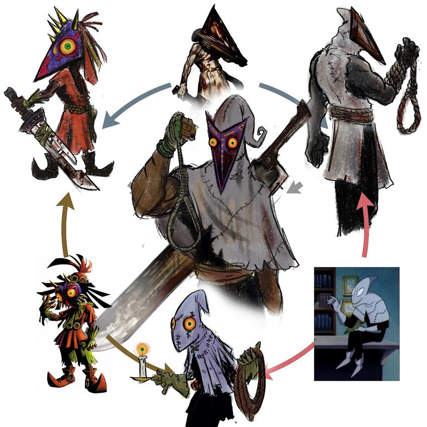 candle candlejack chimerism crossover dark_skin freakazoid! fusion gloves green_eyes hexafusion highres jonathan_ying majora majora's_mask majora&#39;s_mask majora&#x27;s_mask majora's_mask mask noose pyramid_head rope scar silent_hill silent_hill_2 skull_kid sword template the_legend_of_zelda the_legend_of_zelda:_majora's_mask triple_fusion video_games weapon yellow_sclera