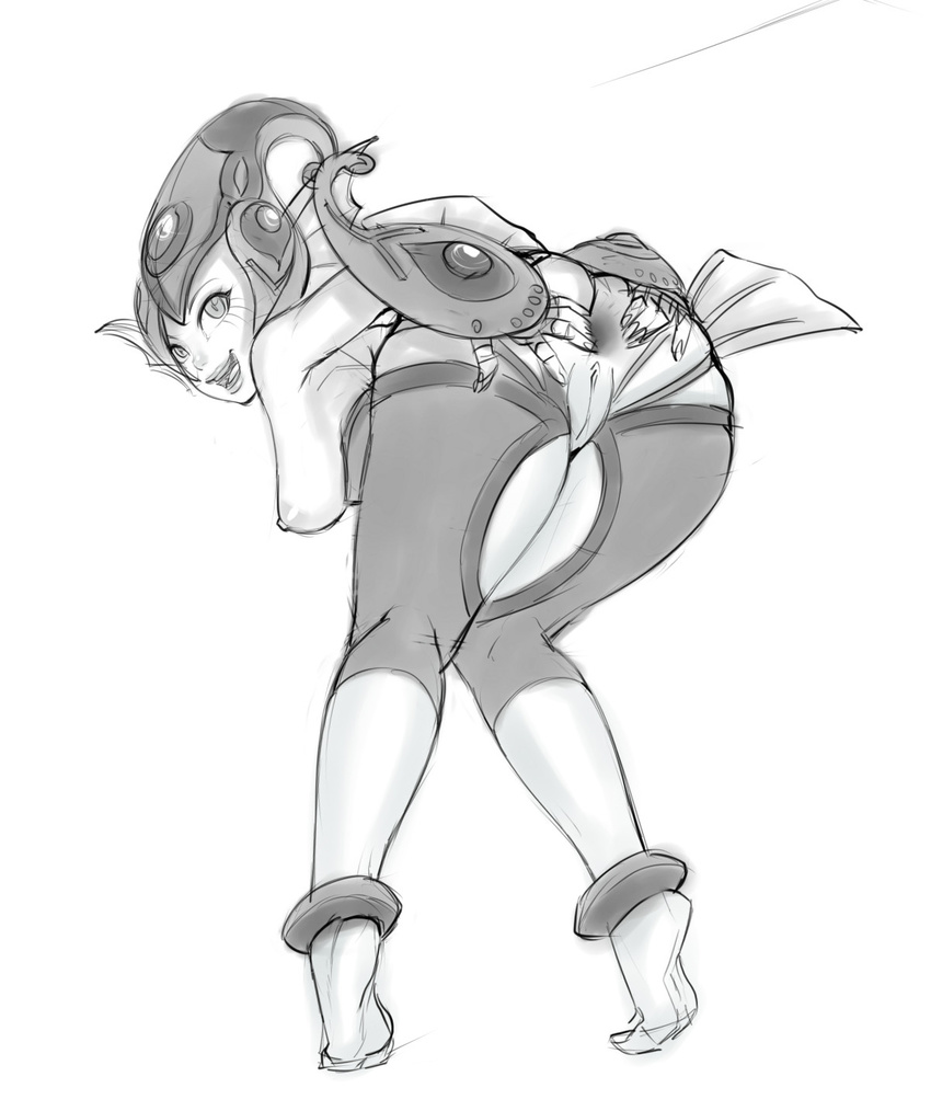 anus ass bent_over breasts detached_leggings digimon digimon_frontier fingerless_gloves fins gloves helmet highres knees_together_feet_apart large_breasts lineart lips lm_(legoman) monster_girl nipples pussy ranamon sketch slit_pupils solo spread_anus spread_ass tiptoes uncensored