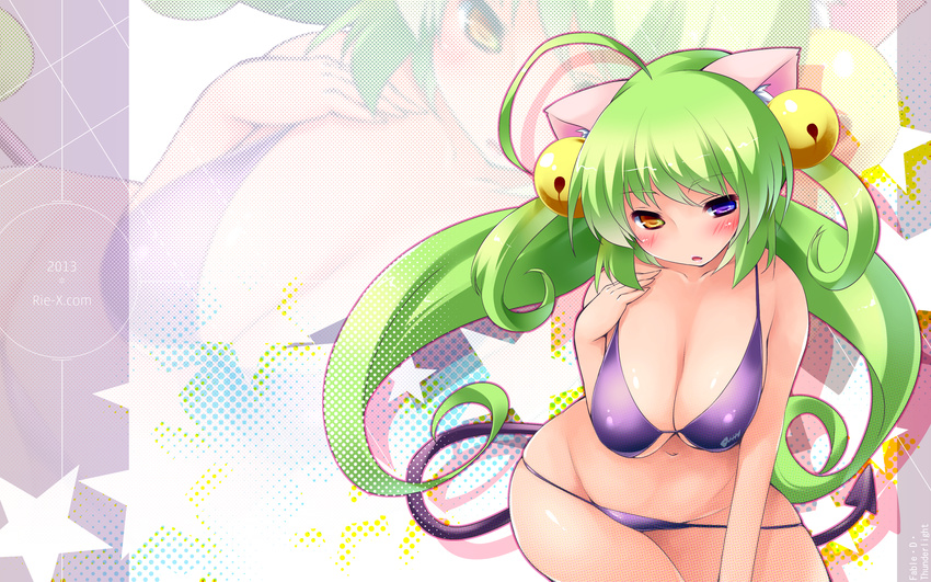 1girl animal_ears bikini breasts cat_ears curvy demon_tail female green_hair heterochromia highres large_breasts long_hair long_twintails navel original purple_bikini purple_eyes solo swimsuit tail twintails wallpaper yace yellow_eyes