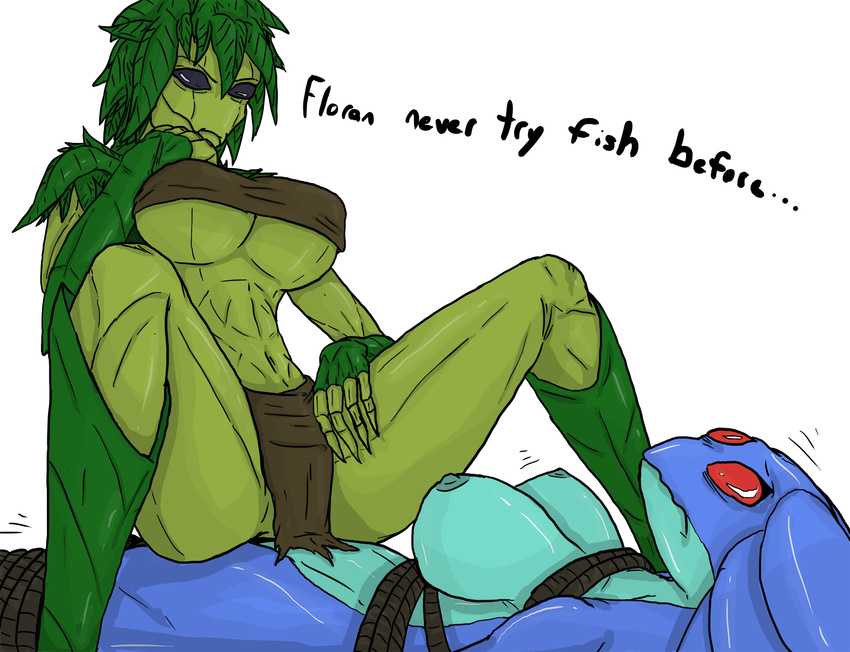 black_eyes bound breasts female fish flora_fauna floran hylotl imminent_rape loincloth marine methados nipples red_eyes starbound text unknown_artist video_games
