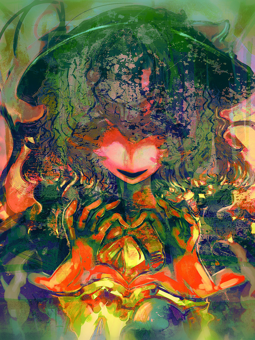 abstract_background bad_id bad_pixiv_id cong1991 fingers hands hat heart heart_hands hidden_eyes highres komeiji_koishi long_sleeves open_mouth shirt short_hair smile solo surreal texture third_eye touhou yellow_shirt