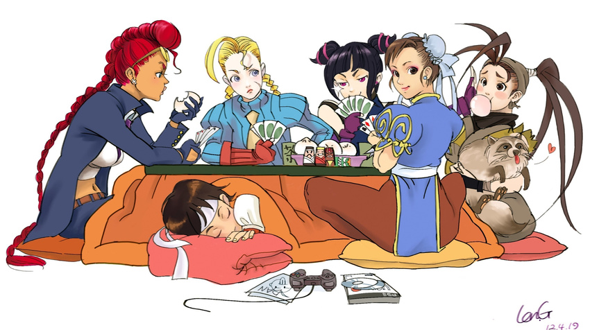 ahoge black_hair blonde_hair blush_stickers braid cammy_white card china_dress chinese_clothes chun-li controller crimson_viper cross cross_earrings cushion dark_skin dated don_(street_fighter) double_bun dress drill_hair earrings eyewear_on_head game_console game_controller gamepad gloves gtolin_chang halter_top halterneck han_juri highres huge_ahoge ibuki_(street_fighter) jewelry kasugano_sakura kotatsu leotard lipstick makeup multiple_girls ninja no_hat no_headwear pantyhose pelvic_curtain playing_card playing_games playstation_2 pompadour purple_eyes red_hair ribbed_leotard scar single_braid sitting sleeping smile street_fighter street_fighter_iv_(series) street_fighter_zero_(series) sunglasses table tanuki twin_braids twin_drills zabuton