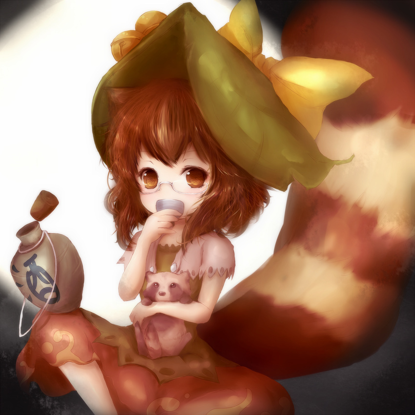 amanojaku animal animal_ears animal_hug bad_id bad_pixiv_id bell bottle brown_eyes brown_hair capelet choko_(cup) cup dress drinking futatsuiwa_mamizou glasses highres indian_style jingle_bell leaf leaf_on_head looking_at_viewer raccoon_ears raccoon_tail sake_bottle semi-rimless_eyewear short_hair sitting solo tail tanuki touhou two-tone_background under-rim_eyewear