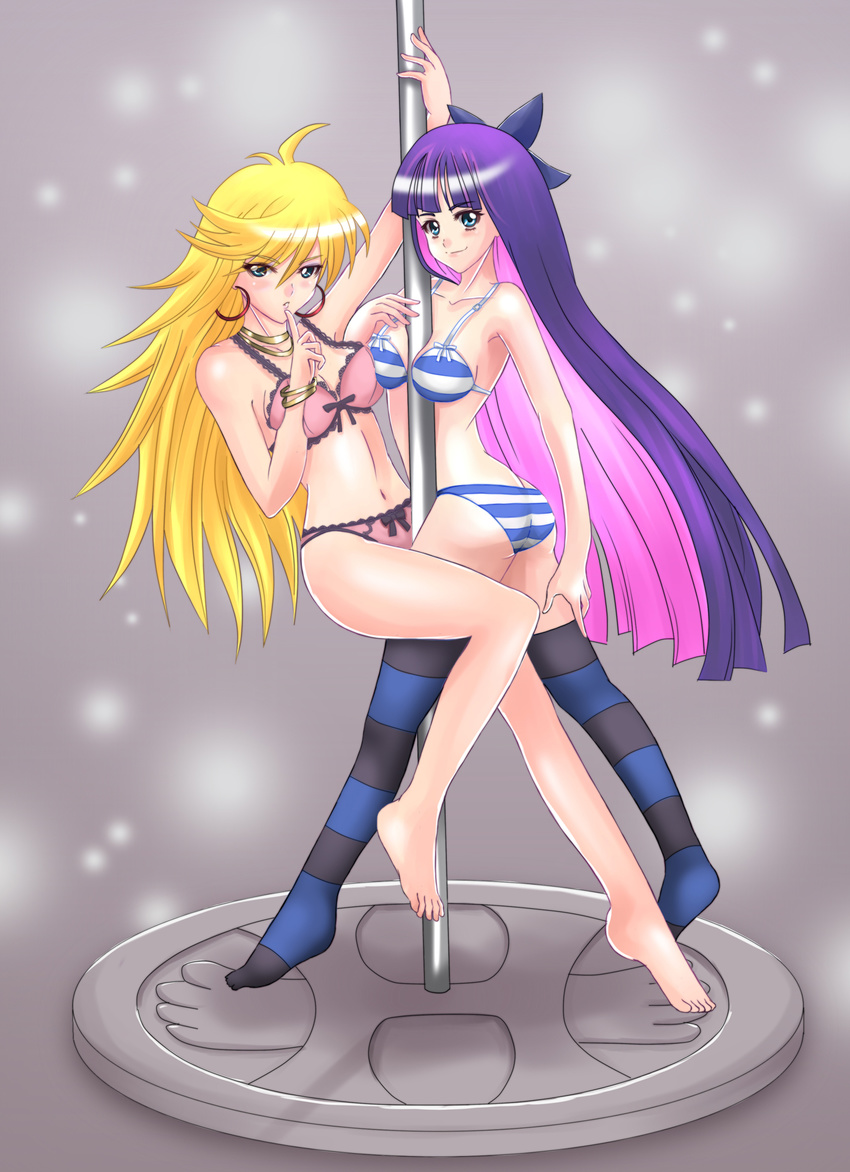 2girls breasts highres large_breasts multiple_girls panty_&amp;_stocking_with_garterbelt panty_(psg) pole pole_dancing saw_(artist) stocking_(psg)