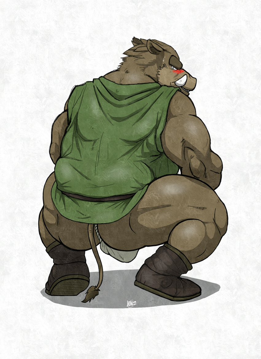 anthro back_turned blush boar butt crouching dragon_quest embarrassed fb1907 fundoshi kemono looking_at_viewer looking_back male mammal mooning orc orc_(dq) ork porcine solo underwear