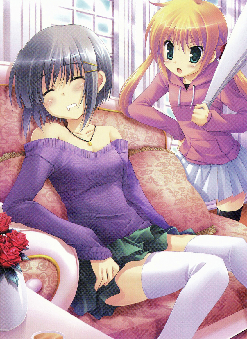 absurdres aizawa_sakuya bare_shoulders fan harisen hayate_no_gotoku! highres huge_filesize ikegami_akane multiple_girls sanzen'in_nagi scan sleeping thighhighs third-party_source zettai_ryouiki