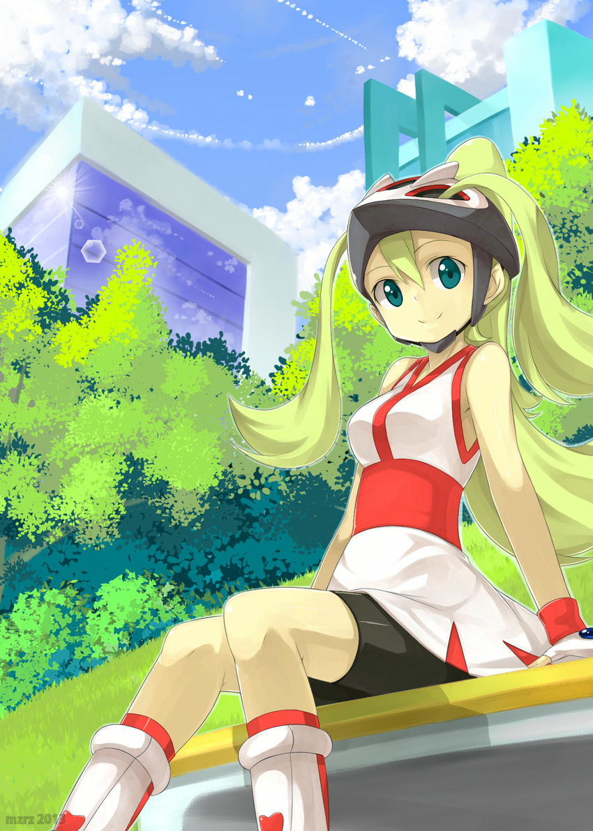 bare_shoulders bicycle_helmet bike_shorts blonde_hair blue_eyes boots cloud day fingerless_gloves gloves gym_leader hair_between_eyes helmet highres knee_boots koruni_(pokemon) long_hair mzrz outdoors pokemon pokemon_(game) pokemon_xy ponytail roller_skates shirt shorts shorts_under_skirt sitting skates skirt sky sleeveless sleeveless_shirt smile solo very_long_hair