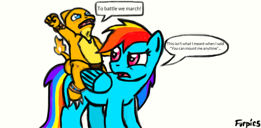 blue_eyes blue_fur char_(character) clothing dialog duo english_text equine female fire friendship_is_magic fur furpics hair horse male mammal multi-colored_hair my_little_pony nintendo pegasus plain_background pok&#233;mon pok&eacute;mon rainbow_dash_(mlp) reptile scalie text video_games white_background wings