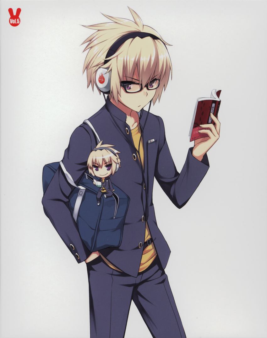 absurdres amano_yuu blonde_hair chibi glasses headphones highres male_focus mondaiji-tachi_ga_isekai_kara_kuru_sou_desu_yo? multiple_boys official_art purple_eyes sakamaki_izayoi smile