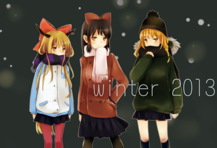 3girls alternate_costume black_legwear blonde_hair bow braid brown_eyes brown_hair co_(eselisapyon) coat contemporary covering_mouth grey_background hair_bow hair_tubes hakurei_reimu hand_in_pocket hat hood hooded_jacket horn_ribbon horns ibuki_suika jacket kirisame_marisa kneehighs looking_at_viewer multiple_girls navy_blue_legwear pantyhose pleated_skirt red_legwear ribbon scarf single_braid skirt sleeves_past_wrists smile snowing touhou winter yellow_eyes