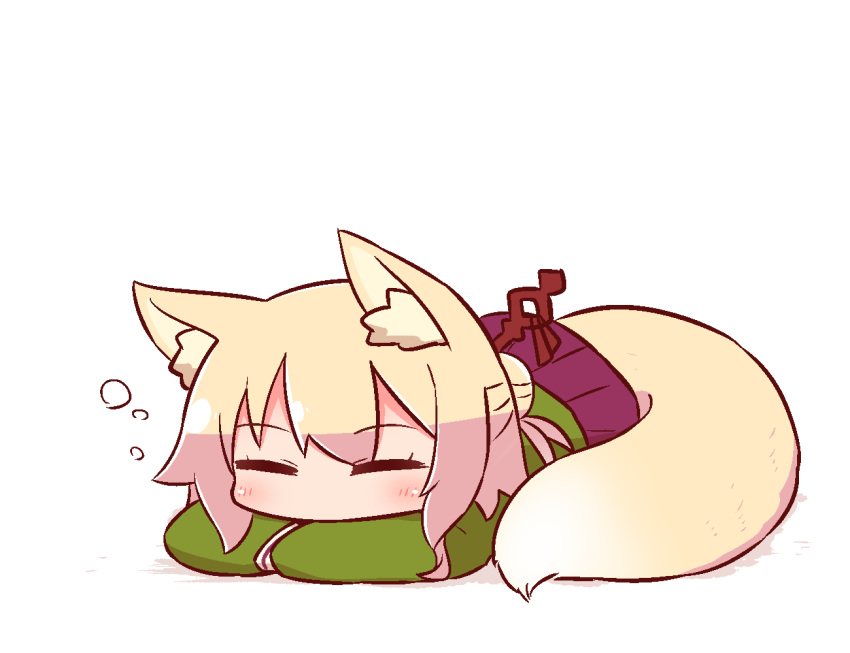 1girl animal_ear_fluff animal_ears bangs blonde_hair blush eyebrows_visible_through_hair eyes_closed facing_viewer fox_ears fox_girl fox_tail full_body green_shirt hair_between_eyes hair_bun hair_ornament kemomimi-chan_(naga_u) long_hair long_sleeves lying naga_u on_stomach original pleated_skirt purple_skirt shadow shirt sidelocks skirt sleepy sleeves_past_fingers sleeves_past_wrists solo tail white_background