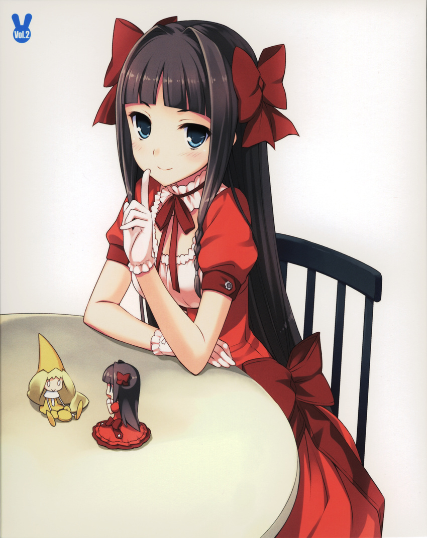 absurdres amano_yuu black_hair blue_eyes blush chibi dress gloves highres kudou_asuka long_hair looking_at_viewer melln mondaiji-tachi_ga_isekai_kara_kuru_sou_desu_yo? official_art ribbon solo