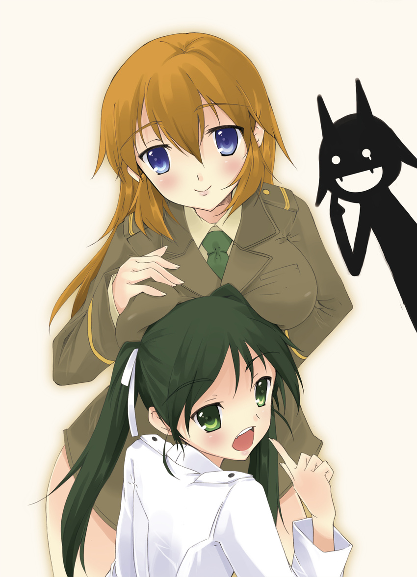 black_hair blue_eyes breast_rest breasts charlotte_e_yeager fang fangs francesca_lucchini green_eyes haru_(matatabi_sanjou) highres large_breasts long_hair military military_uniform multiple_girls orange_hair silhouette_demon smile strike_witches twintails uniform world_witches_series