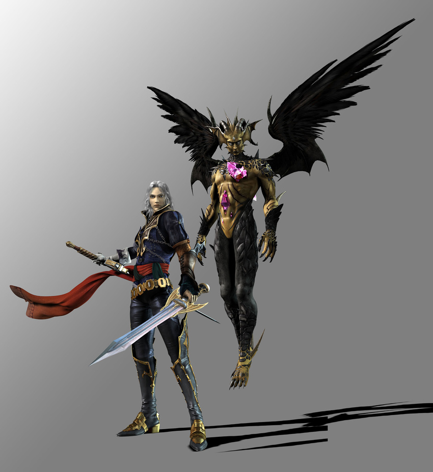 3d castlevania castlevania:_curse_of_darkness demon hector_(castlevania) highres innocent_devil male_focus multiple_boys official_art sword weapon white_hair wings