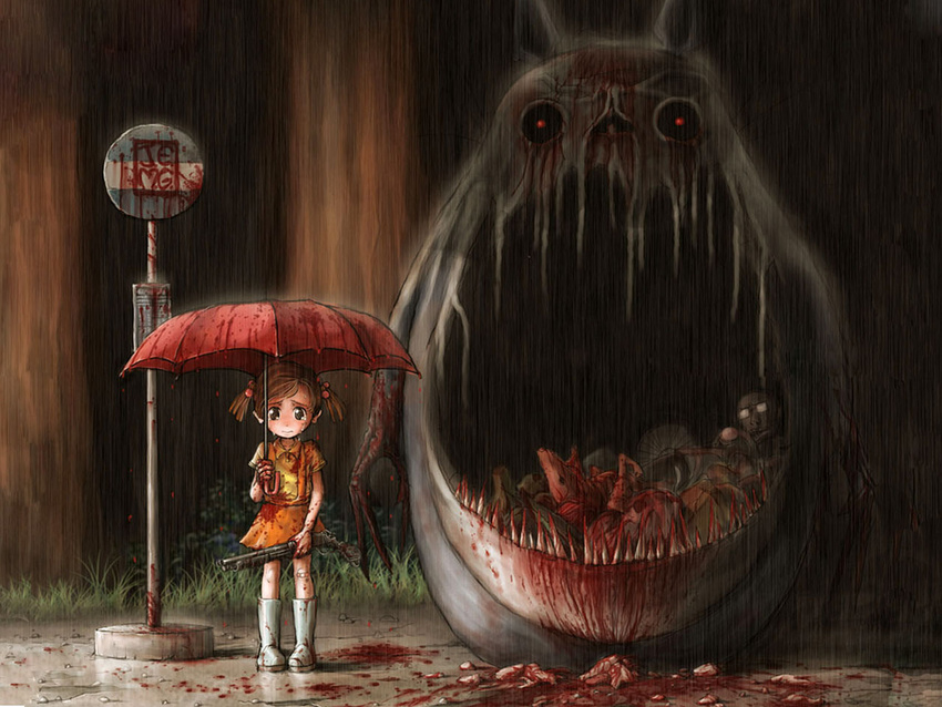 bandaid blood boots bus_stop death gun guro horror_(theme) j-e-m-g parody rain rubber_boots shotgun solo studio_ghibli tears tonari_no_totoro totoro twintails umbrella wallpaper weapon