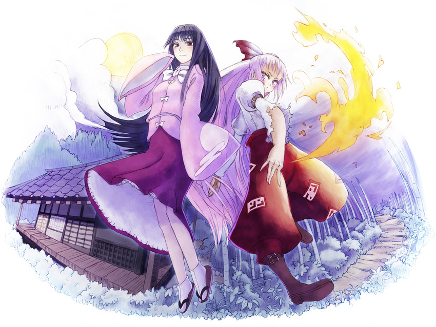 architecture arm_at_side arm_belt bamboo bamboo_forest bangs belt black_eyes black_hair blush boots bow bowtie cloud east_asian_architecture egasumi forest fujiwara_no_mokou full_body hair_bow half_updo highres houraisan_kaguya house light_smile long_hair long_sleeves looking_at_viewer magic moon_print multiple_girls nature ofuda outdoors pants pepe_(pepe's_hp) pink_shirt puffy_sleeves purple_eyes purple_hair red_eyes red_pants road sash shirt skirt sky sleeves_past_wrists sun tabi torn_clothes torn_sleeves touhou tree upskirt very_long_hair white_bow white_neckwear white_shirt wide_sleeves zouri