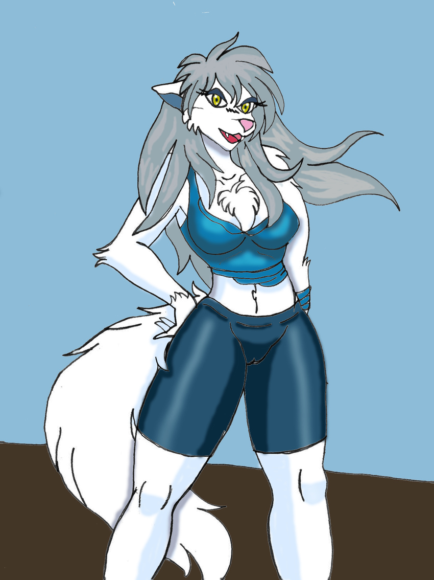 canine clothing female fur grey_hair hair hindpaw keidran long_hair mammal open_mouth paws raine_(twokinds) solo tomfischbach tongue twokinds wolf yellow_eyes