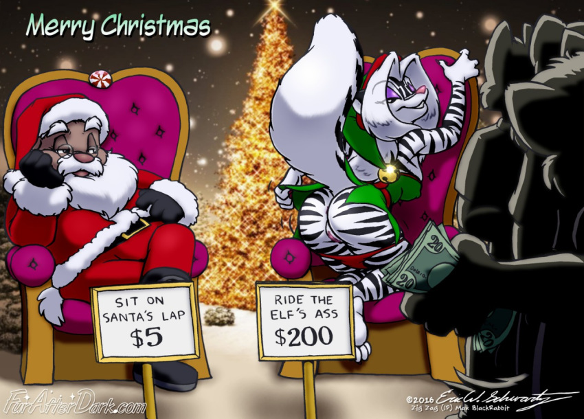 2016 butt christmas clothing duo_focus eric_schwartz feline female furafterdark group holidays imminent_sex male mammal mephitid money pantherine presenting presenting_pussy pussy sabrina_online santa_claus sitting skunk stripes tiger tree underwear zig_zag