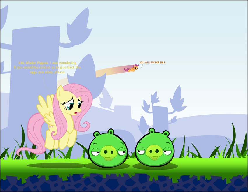 angry_birds blue_eyes crossover cutie_mark english_text equine female feral fluttershy_(mlp) flying friendship_is_magic fur hair horse long_hair mammal my_little_pony orange_fur pegasus pig pink_hair pony porcine purple_hair scootaloo_(mlp) text wings yellow_fur zacatron94