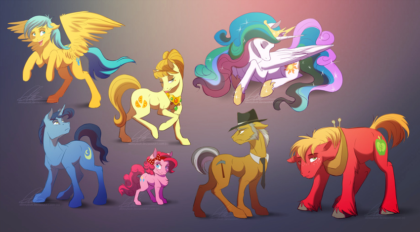 aunt_orange_(mlp) beauty_mark big_macintosh_(mlp) blonde_hair blue_hair bow clyde_pie_(mlp) crescent_(mlp) crown cutie_mark dennybutt equine female freckles friendship_is_magic gold green_eyes grey_hair group hair hat horn male mammal my_little_pony necklace necktie orange_hair pegasus pink_hair pinkie_pie_(mlp) princess_celestia_(mlp) raindrops_(mlp) small sparkles standing two_tone_hair unicorn winged_unicorn wings