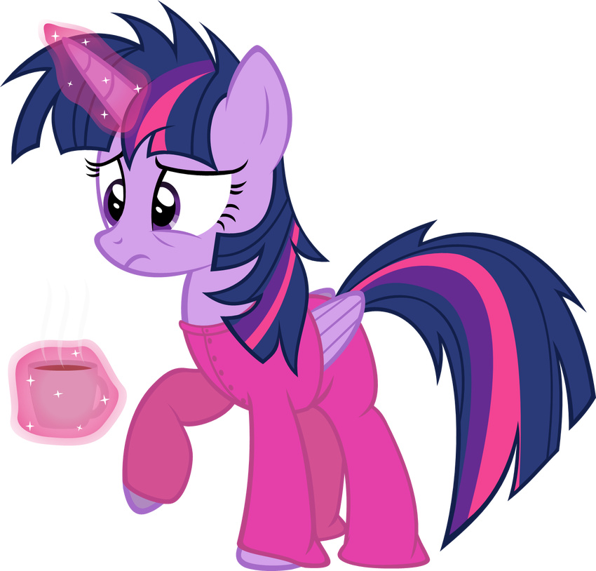 clothing coffee_cup cup equine female feral friendship_is_magic frown fur glowing hair horn horse long_hair magic mammal multi-colored_hair my_little_pony onesie pajamas plain_background pony purple_eyes purple_fur purple_hair solo transparent_background twilight_sparkle_(mlp) winged_unicorn wings zacatron94