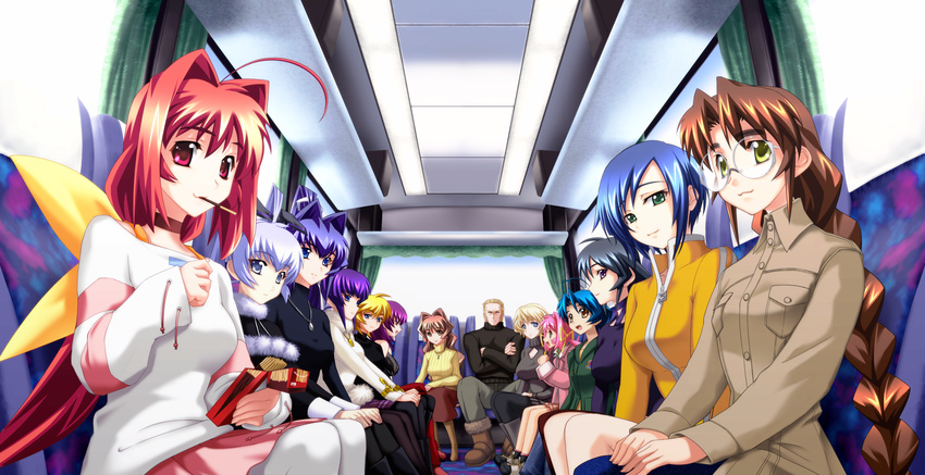 6+girls absurdres ahoge alfred_walken ayamine_kei bou bus bus_interior choker crossed_arms elena_piatif everyone food game_cg glasses ground_vehicle hair_intakes highres irma_thesleff jewelry jinguuji_marimo kagami_sumika kashiwagi_haruko koubuin_yuuhi kouzuki_yuuko long_hair looking_at_viewer mitsurugi_meiya motor_vehicle mouth_hold multiple_girls muvluv muvluv_altered_fable necklace pantyhose pendant pocky ponytail sakaki_chizuru short_hair sitting smile tamase_miki yashiro_kasumi yoroi_mikoto