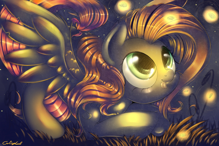 equine female feral firefly fluttershy_(mlp) friendship_is_magic fur glowing grass green_eyes hair horse long_hair mammal my_little_pony night pegasus pink_hair pony smile solo tongue tongue_out wings yellow_fur