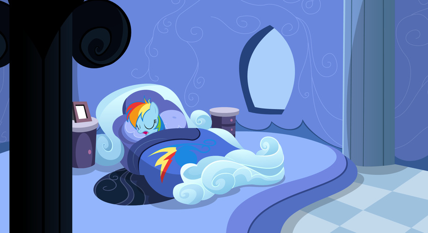 bed blue_fur equine eyes_closed female feral friendship_is_magic fur hair horse mammal multi-colored_hair my_little_pony open_mouth pegasus pony rainbow_dash_(mlp) rainbow_hair sleeping solo window wings zacatron94