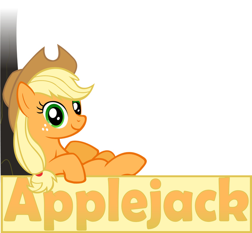 alpha_channel applejack_(mlp) blonde_hair cowboy_hat equine female feral friendship_is_magic green_eyes hair hat horse lying mammal my_little_pony plain_background pony smile solo text transparent_background zacatron94